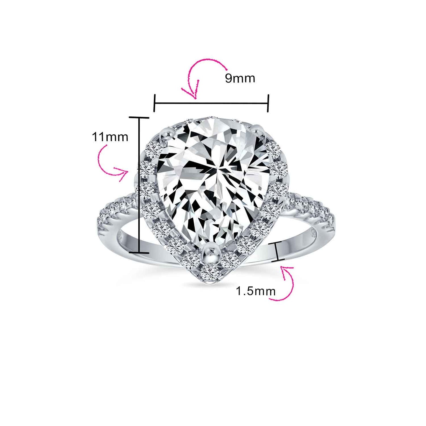 Womens 9CT Pear Shaped Halo Solitaire Engagement Ring CZ Pave Band