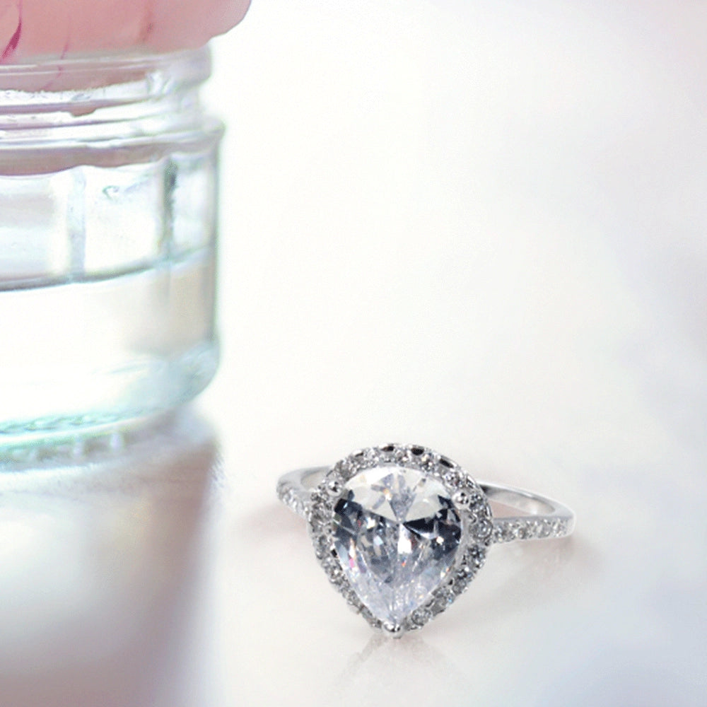 Womens 9CT Pear Shaped Halo Solitaire Engagement Ring CZ Pave Band