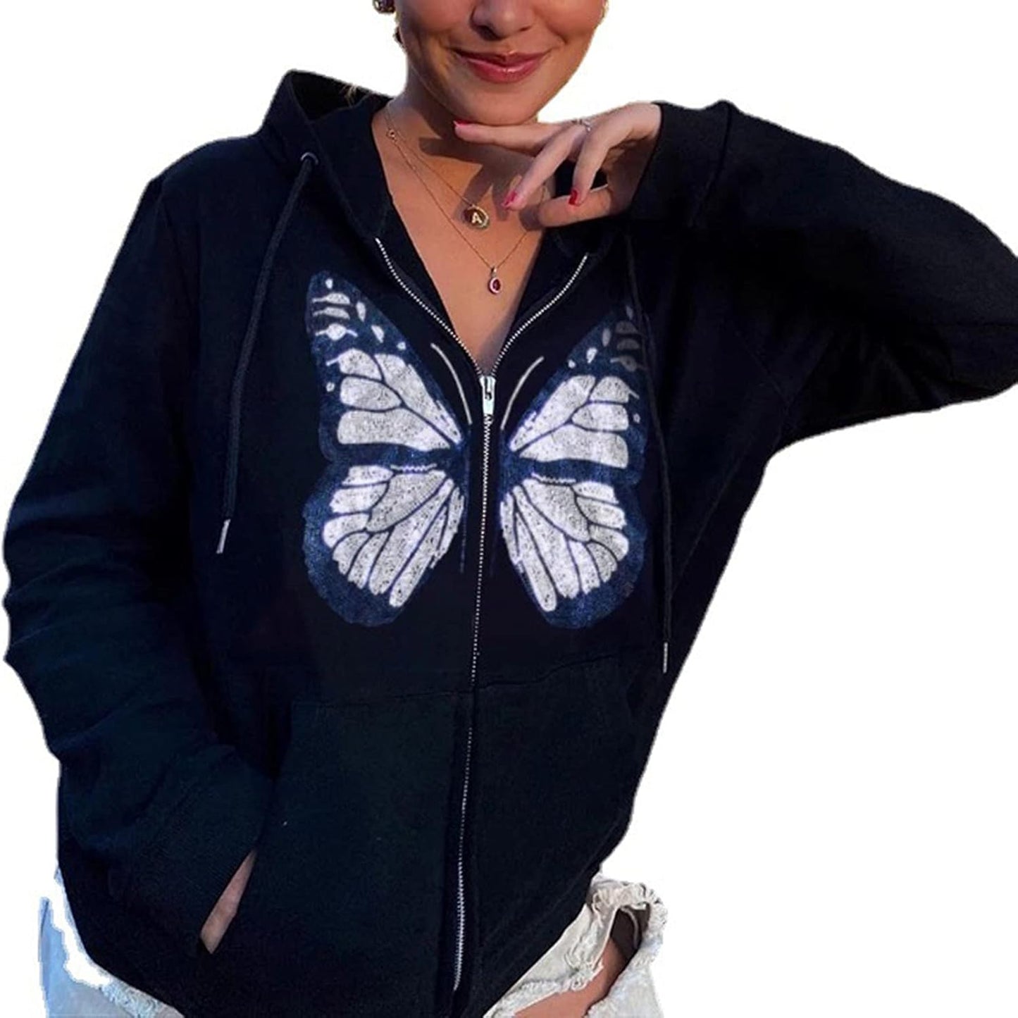 Women'S Gothic Hoodie Sweatshirt, Fashion Long Sleeve Loose Fit Comfy Pocket Butterfly Print Full Zip Hooded Coat Tops