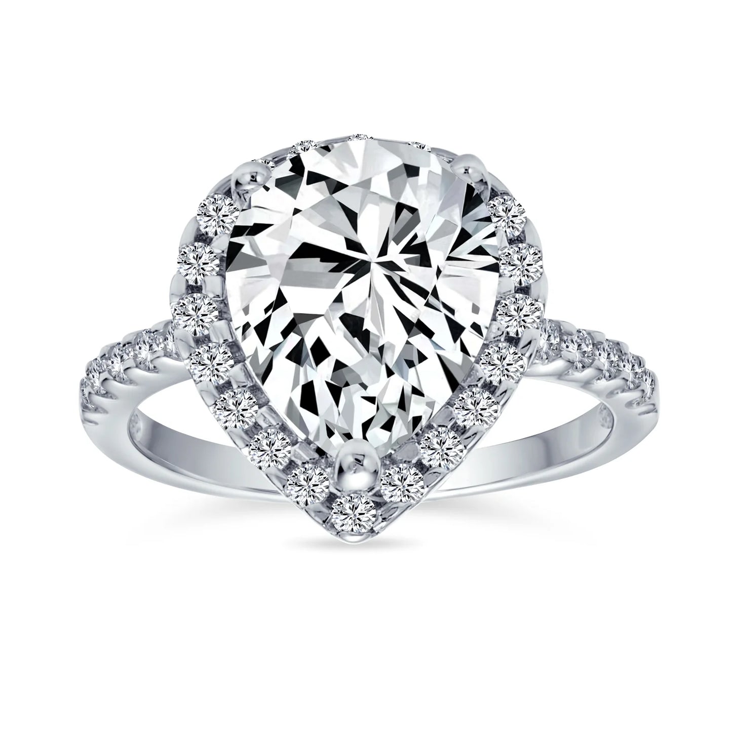 Womens 9CT Pear Shaped Halo Solitaire Engagement Ring CZ Pave Band