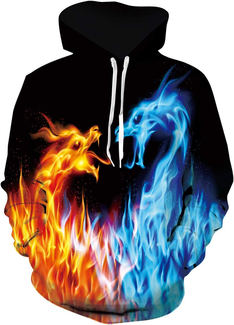 Men Women 3D Realistic Digital 3D Smoke Fire Dragon Print Pullover Hoodie Long Sleeve Hooded Sweatshirt Yellow Blue