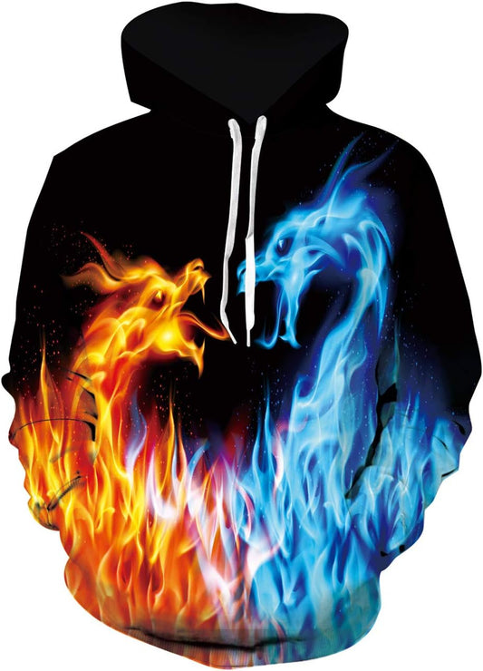 Men Women 3D Realistic Digital 3D Smoke Fire Dragon Print Pullover Hoodie Long Sleeve Hooded Sweatshirt Yellow Blue
