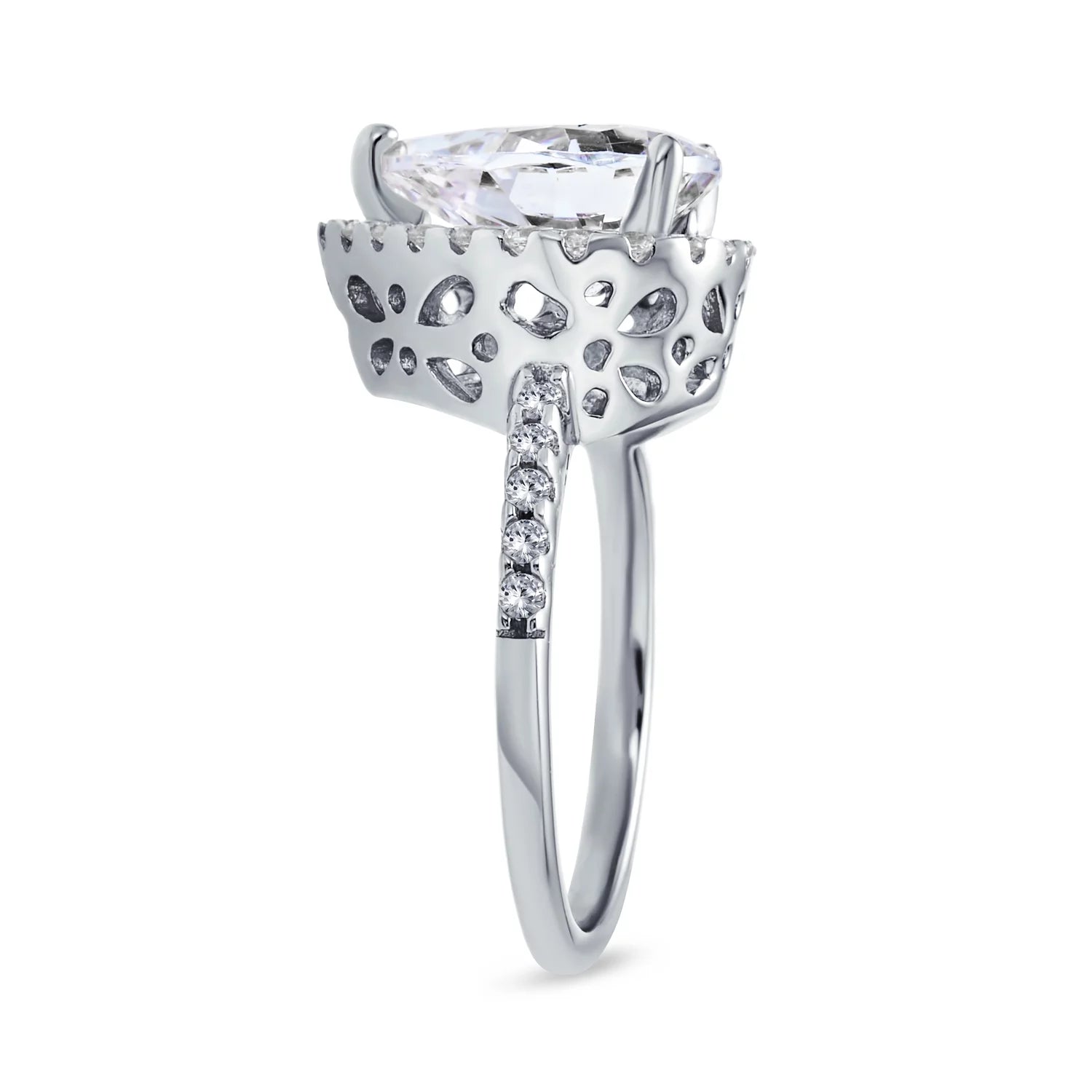 Womens 9CT Pear Shaped Halo Solitaire Engagement Ring CZ Pave Band