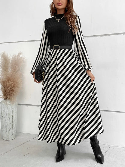 Chiquease Striped Mock Neck Lantern Sleeve Dress without Belt Maxi Women Outfit Fall Cloth for Women