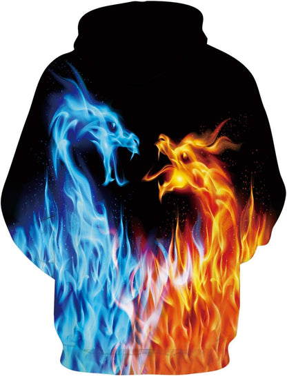 Men Women 3D Realistic Digital 3D Smoke Fire Dragon Print Pullover Hoodie Long Sleeve Hooded Sweatshirt Yellow Blue