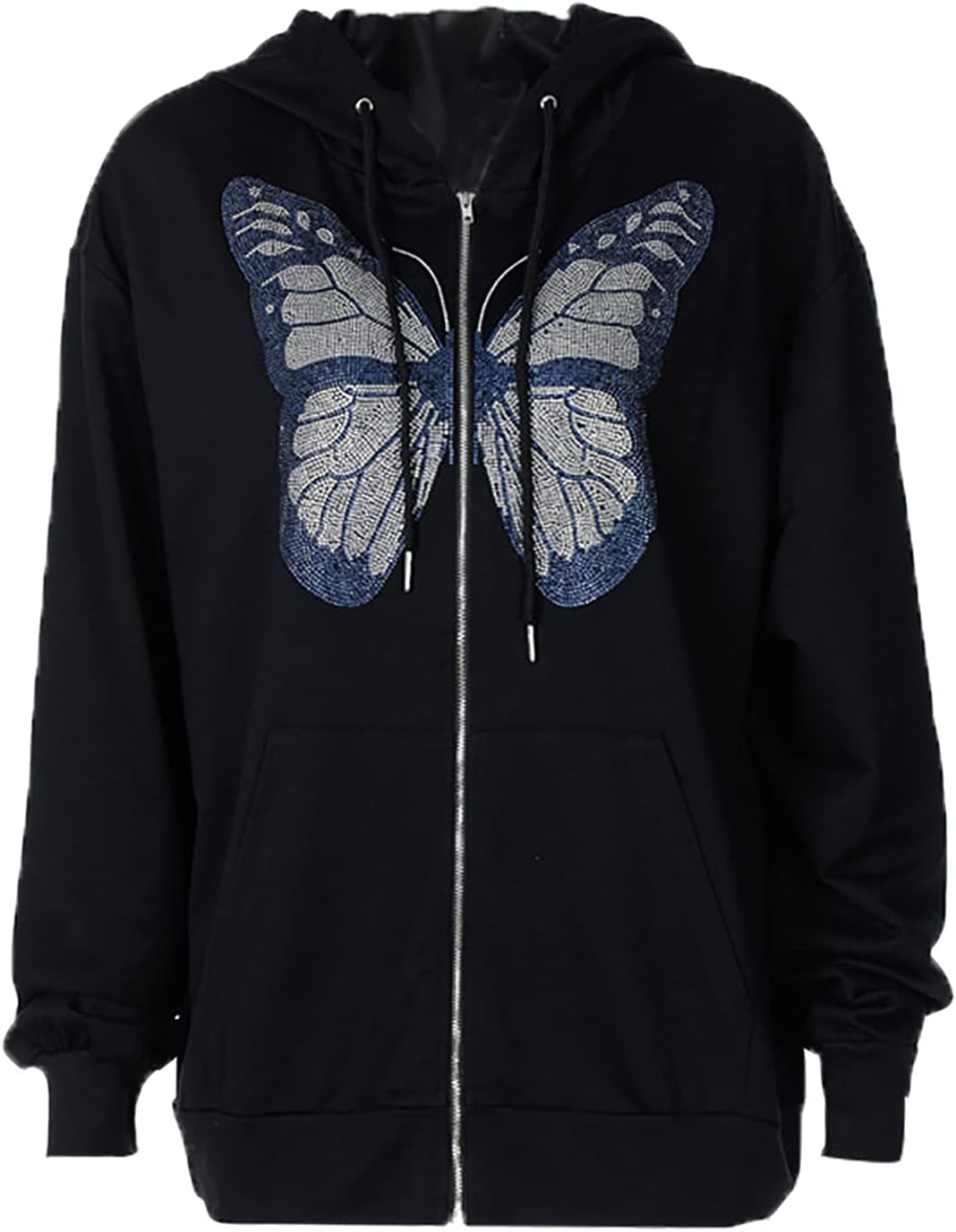 Women'S Gothic Hoodie Sweatshirt, Fashion Long Sleeve Loose Fit Comfy Pocket Butterfly Print Full Zip Hooded Coat Tops