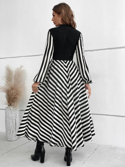 Chiquease Striped Mock Neck Lantern Sleeve Dress without Belt Maxi Women Outfit Fall Cloth for Women