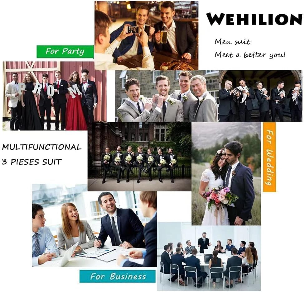 Men Suit 3 Pieces Slim Fit, 2 Buttons Groomsmen Business Jacket Vest Pant Prom Tuxedo with Tie