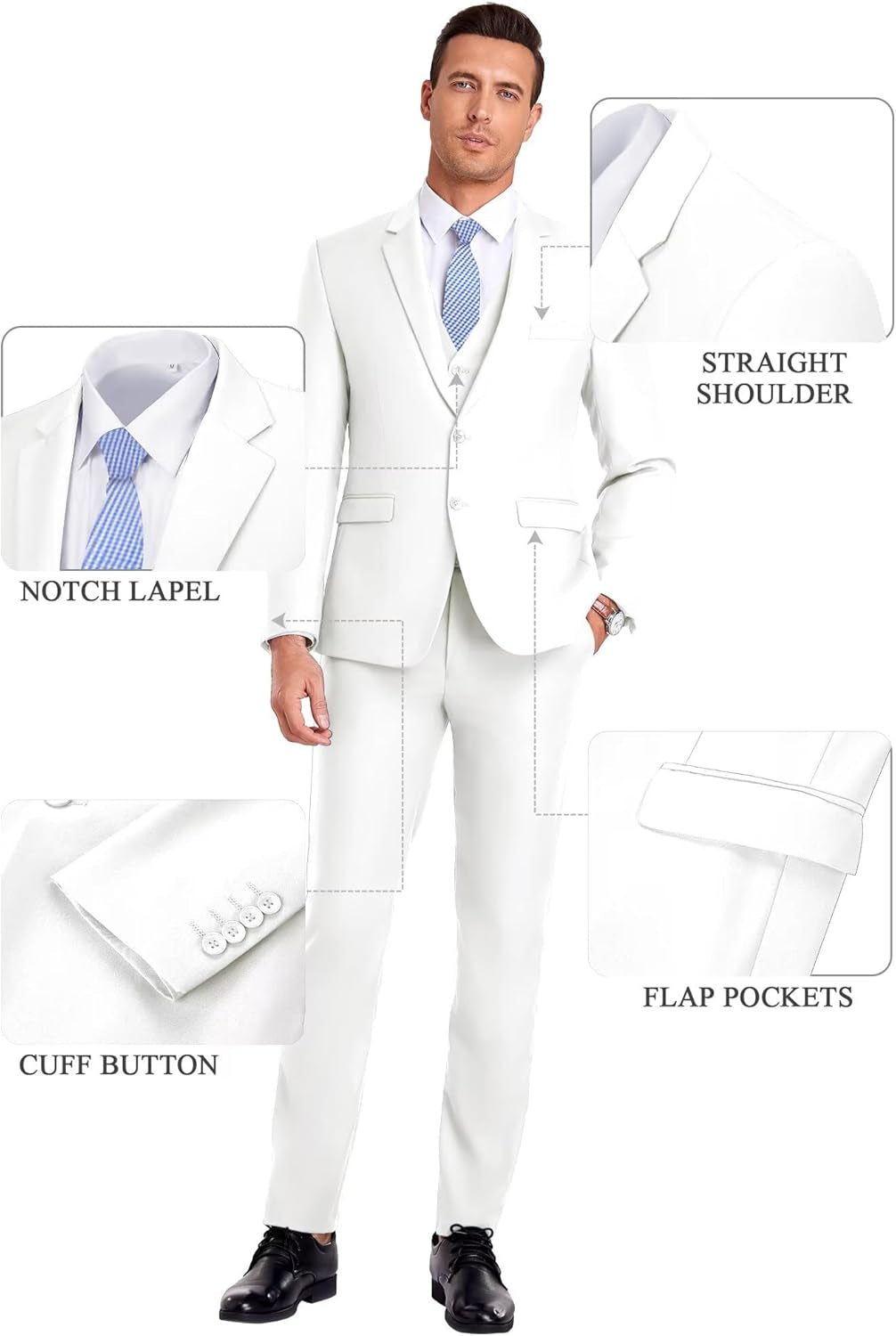Men Suit 3 Pieces Slim Fit, 2 Buttons Groomsmen Business Jacket Vest Pant Prom Tuxedo with Tie