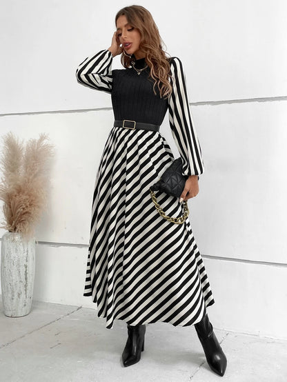 Chiquease Striped Mock Neck Lantern Sleeve Dress without Belt Maxi Women Outfit Fall Cloth for Women