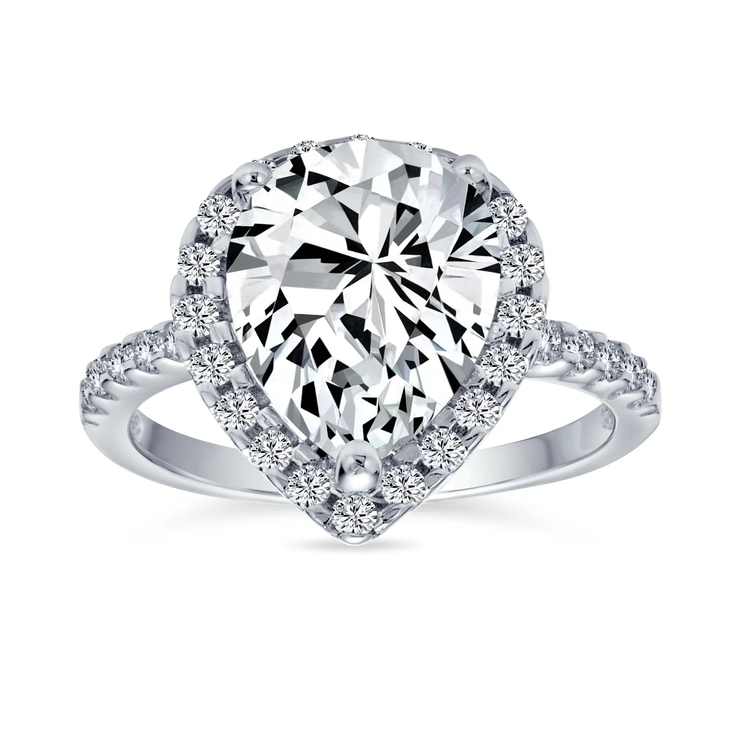 Womens 9CT Pear Shaped Halo Solitaire Engagement Ring CZ Pave Band
