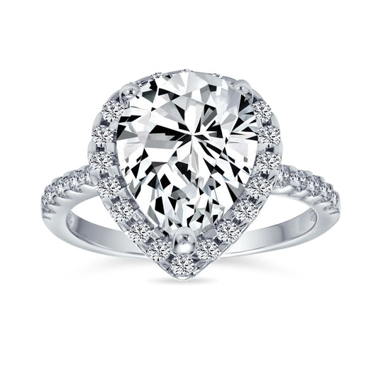Womens 9CT Pear Shaped Halo Solitaire Engagement Ring CZ Pave Band